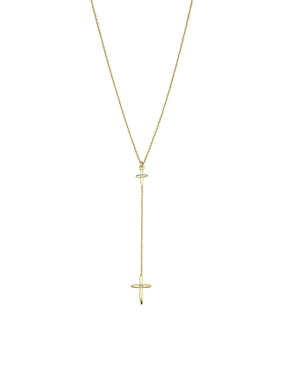 Women's 14K Yellow Gold, White Topaz Cross My Heart Drop Necklace - Yellow Gold - Size 17