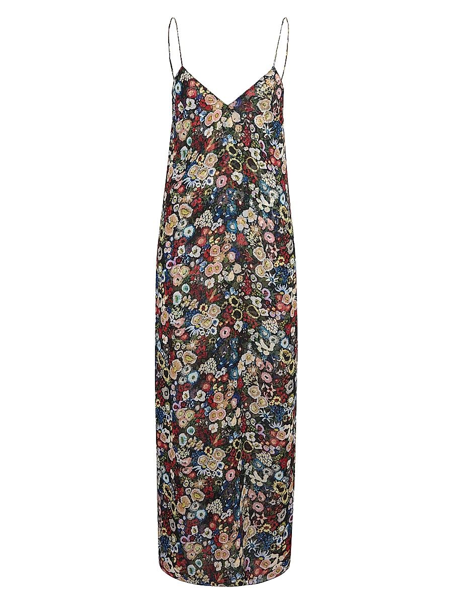 Women's Taja Floral Silk V-Neck Maxi Dress - Black Multi - Size XL