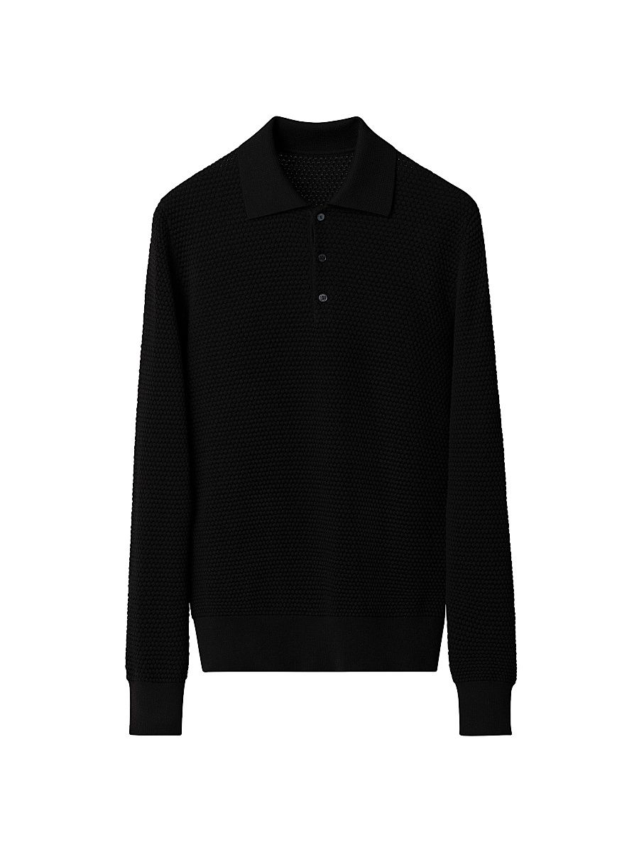 Men's Merino Wool Textured Polo Sweater - Black - Size XL