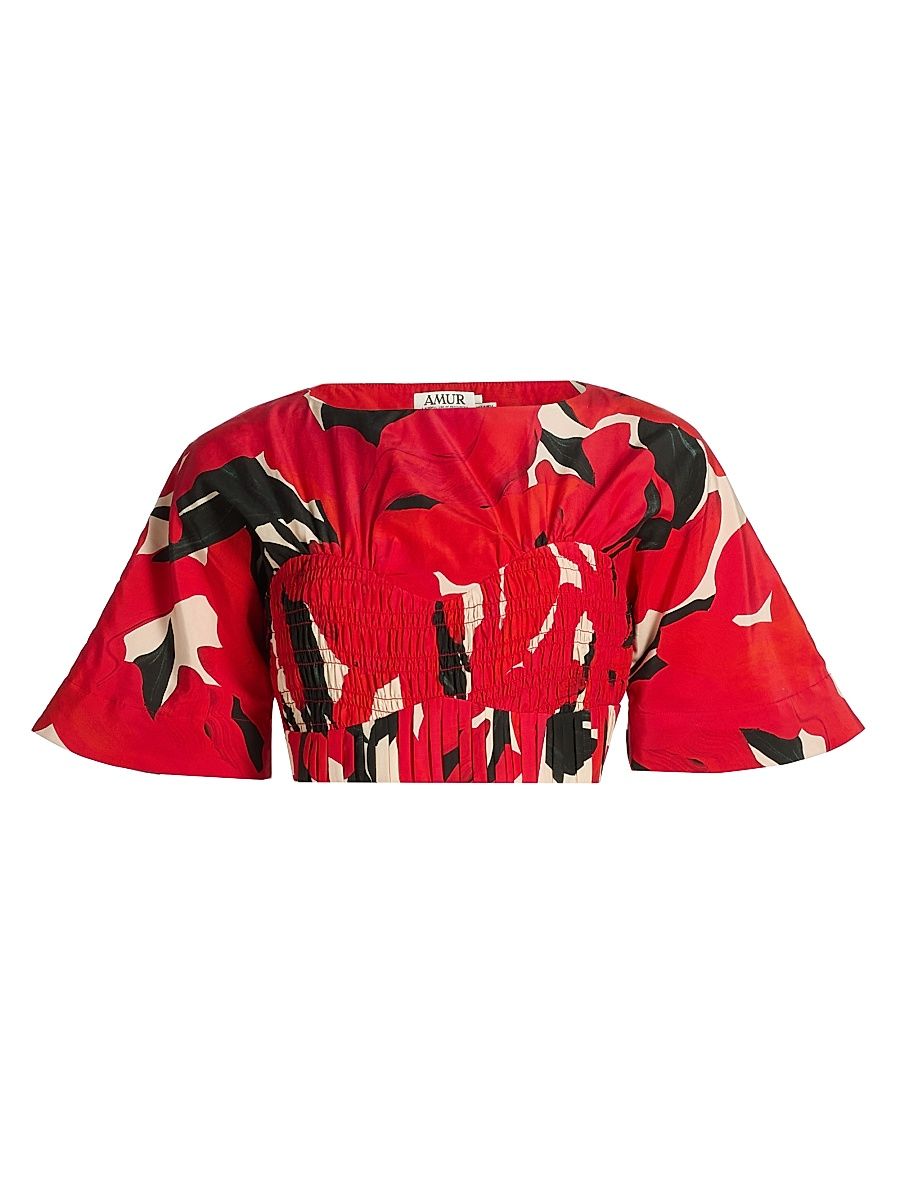 Women's Elle Smocked Cotton-Silk Crop Top - Red Bloom - Size 12