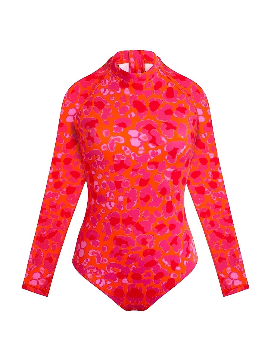 Women's New Leopard Neoprene Rashguard Bodysuit - Apricot - Size Small