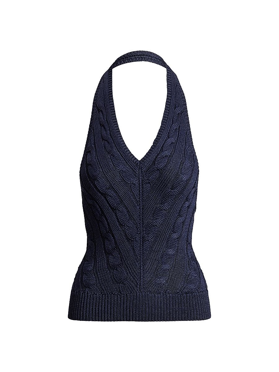 Women's Silk Cable-Knit Halterneck Sweater - Lux Navy - Size XL