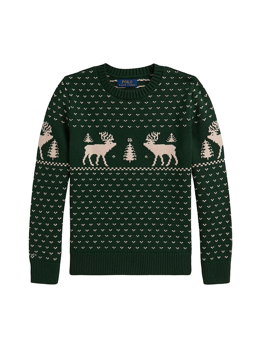 Little Boy's & Boy's Reindeer Cotton-Blend Crewneck Sweater - Green Combo - Size 10