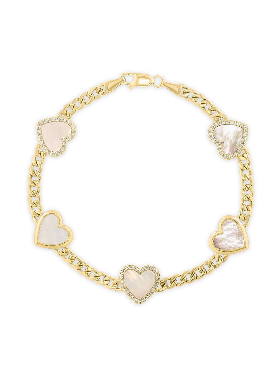 Women's 14K Yellow Gold, Mother-Of-Pearl & 0.26 TCW Diamond Heart Charm Bracelet - Yellow Gold