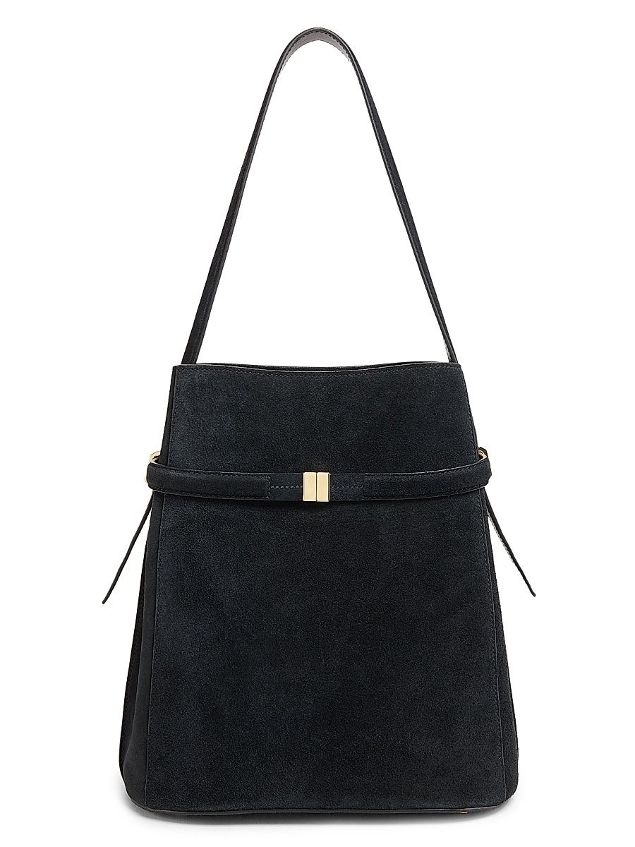 Women's Belted Suede Bucket Bag - Black