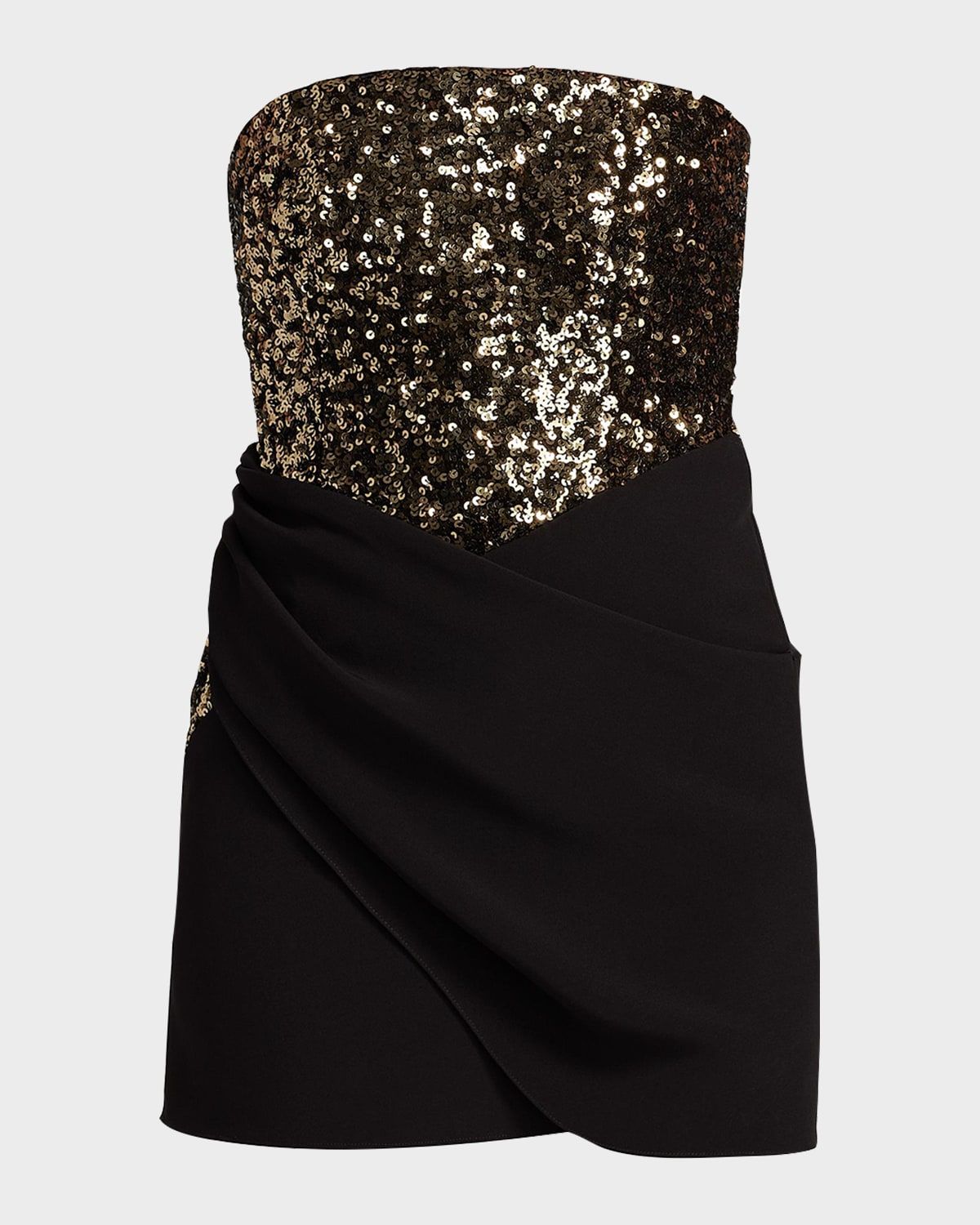 Strapless Sequin Crepe Wrap-Skirt Mini Dress