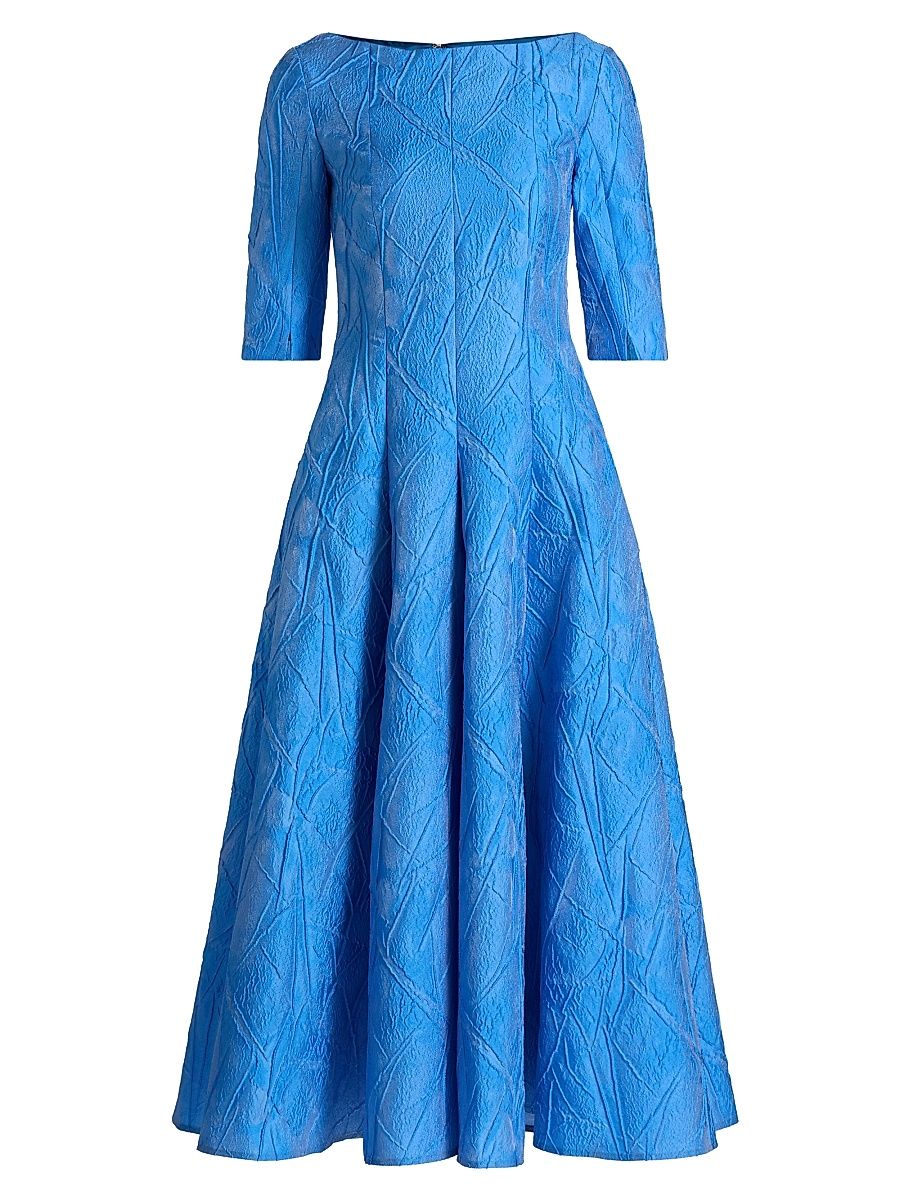 Women's Brocade Boatneck Tea-Length Dress - Periwinkle - Size 4