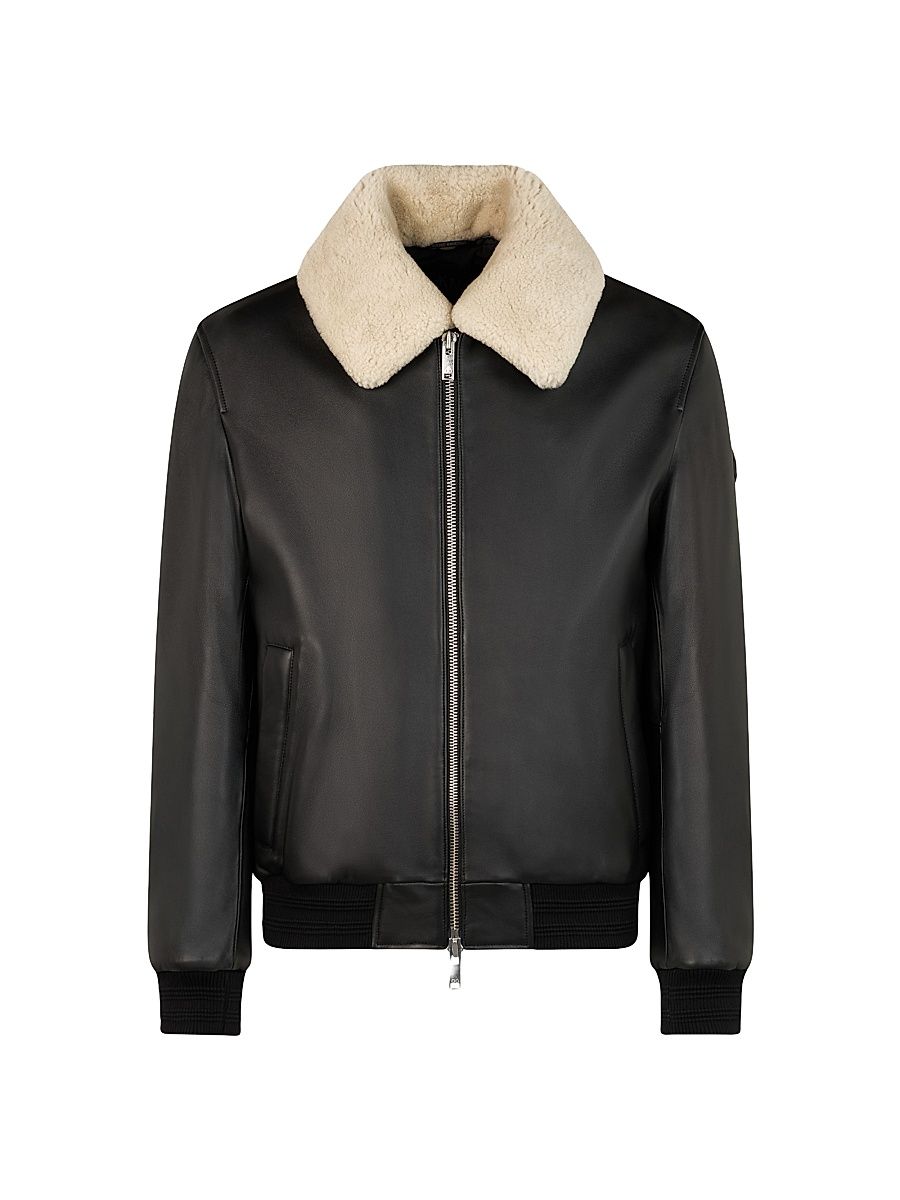 Men's Toba Shearling-Trim Leather Bomber Jacket - Black - Size XL