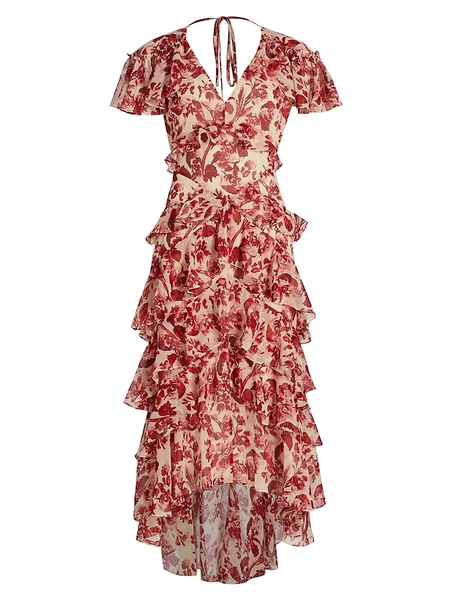 Women's Tatum Floral Ruffled A-Line Midi-Dress - Cherry Rose Multi - Size 4