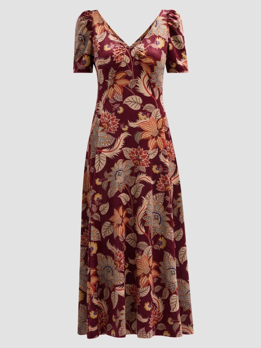 Farm Rio Women's Delhi Floral Velvet A-Line Dress - Dark Red - Size Large