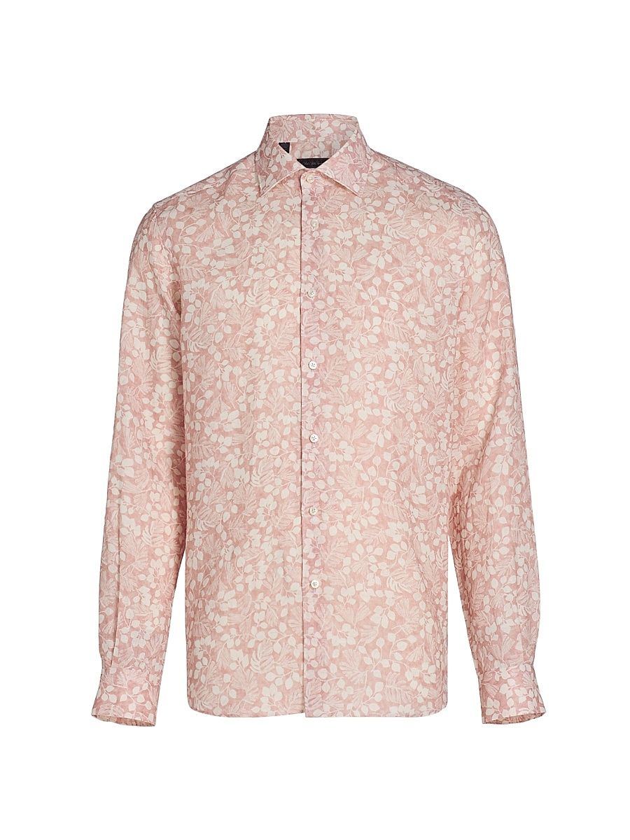 Men's COLLECTION Leaf-Print Linen Button-Front Shirt - Pink - Size XXL