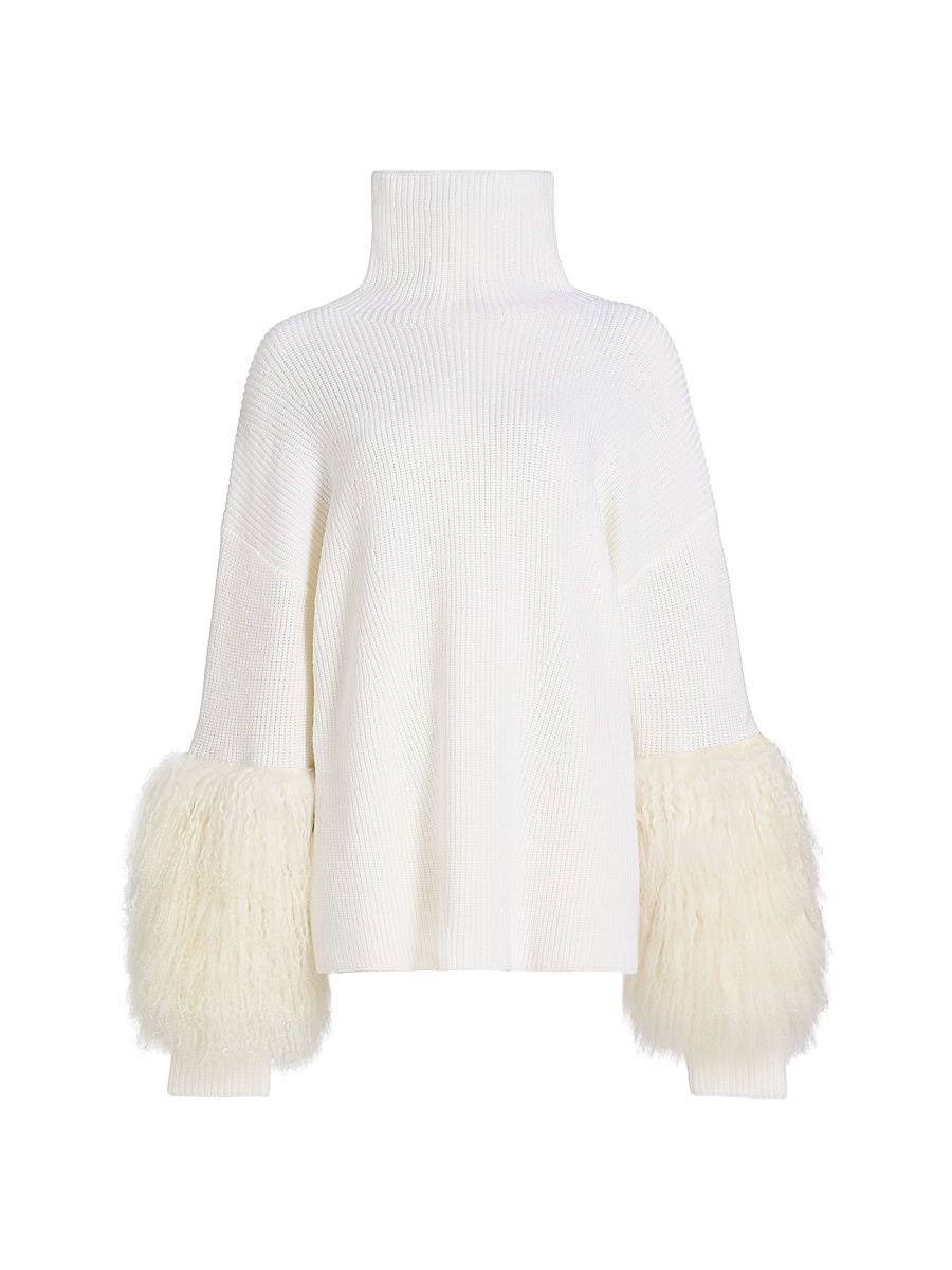 Women's Yak Yarn-Cuff Merino Wool Turtleneck Sweater - Off White - Size Large