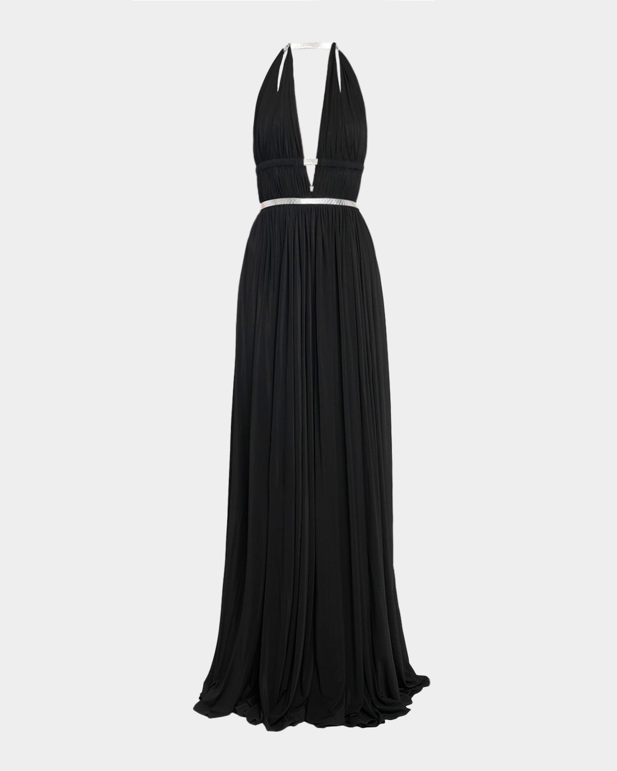 Deesse Leather-Trimmed Pleated Jersey Gown