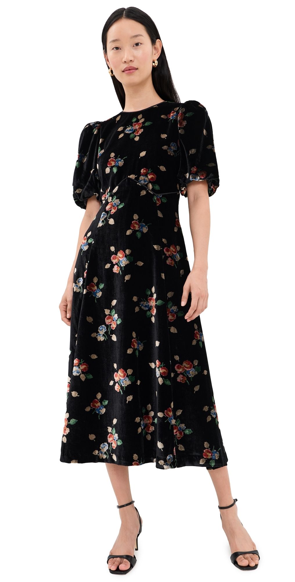 Sea Leda Velvet Puff Sleeve Midi Dress Black 2
