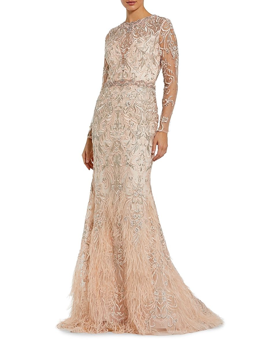 Women's Evening Embroidered Illusion Gown - Blush - Size 16