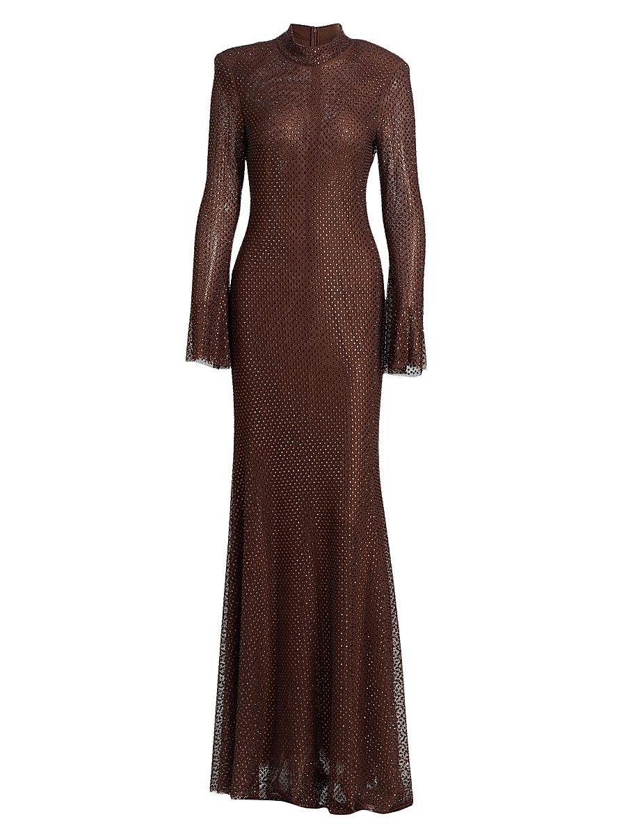 Women's Embellished Mesh Long-Sleeve Gown - Brown - Size 10