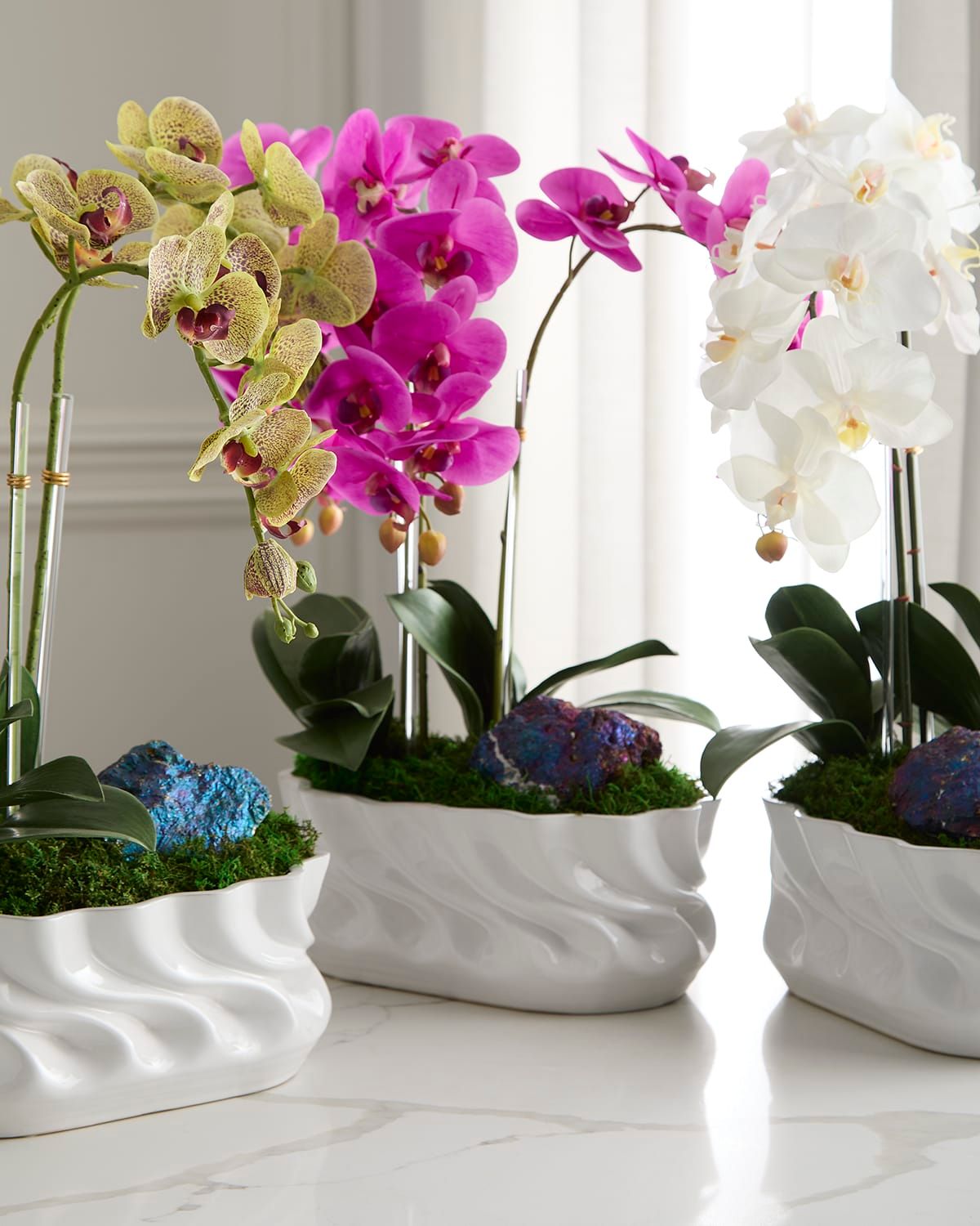 Triple Orchids with Peacock Ore 23" Faux Floral Arrangement in Ripple Vase