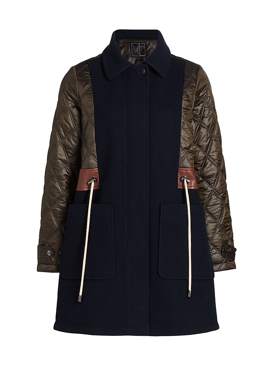 Women's Mixed-Media Quilted Tie-Waist Jacket - Loden Navy - Size XL