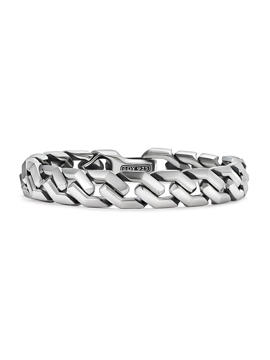 Men's Curb Chain Angular Link Bracelet in Sterling Silver, 11.5MM - Silver - Size Medium