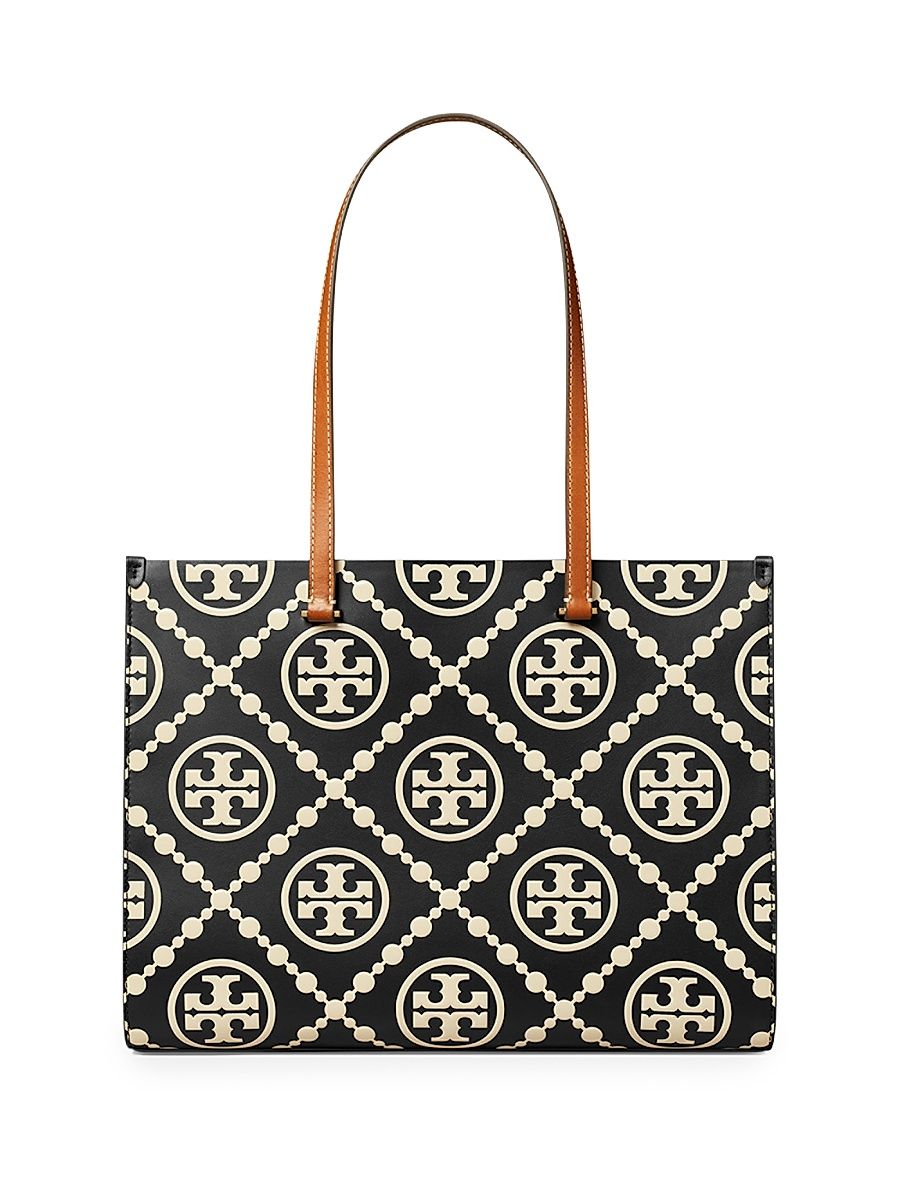 Women's T Monogram Embossed Leather Tote Bag - Black White