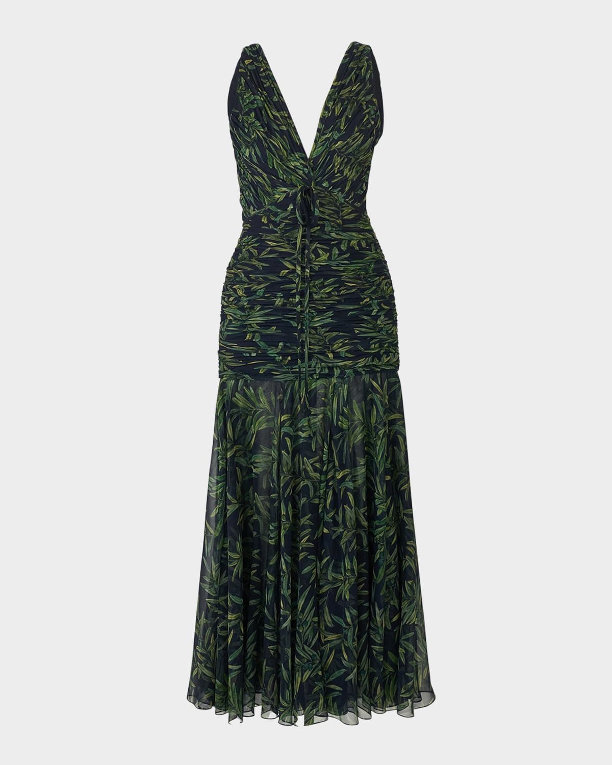 Olive-Print Ruched V-Neck Maxi Dress