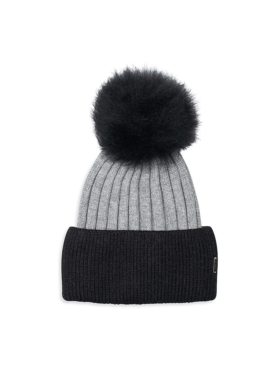 Women's Knit Hat with Toscana Lamb Pompom - Black Gray