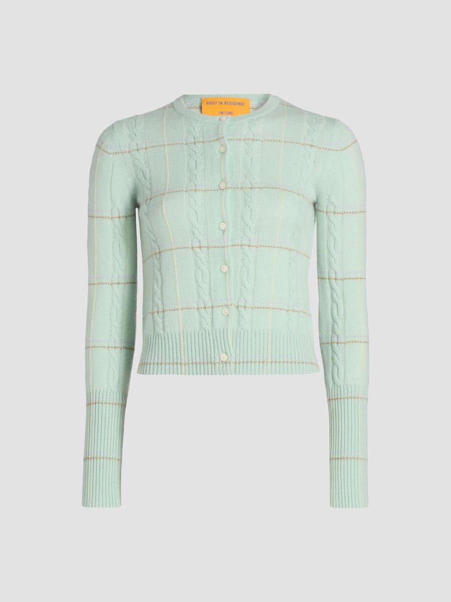 Guest in Residence Women's Jane Plaid Cable-Knit Crewneck Cardigan - Seaglass Combo - Size XL
