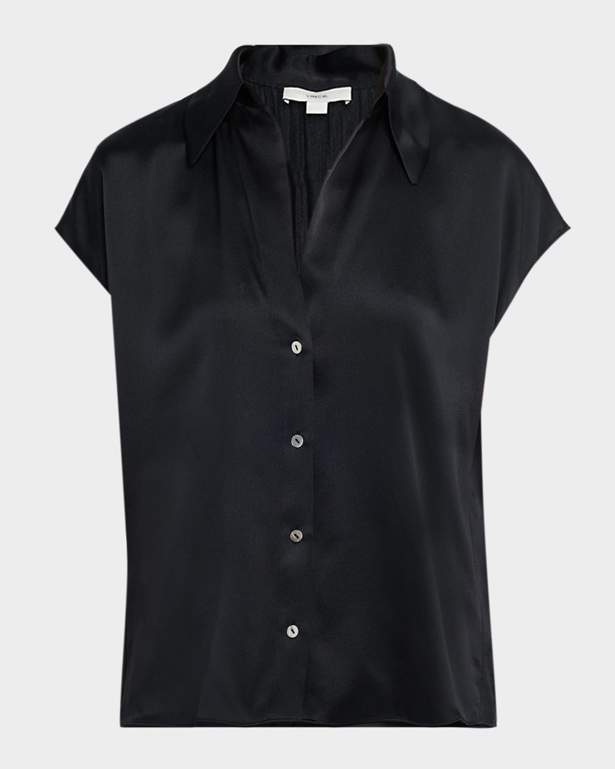 Cap-Sleeve Ruched-Back Silk Blouse