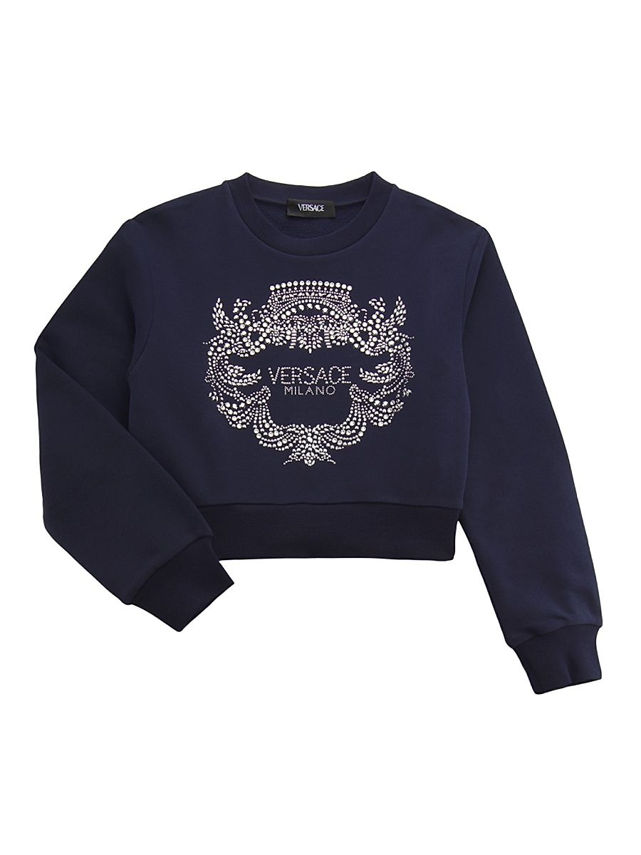 Little Girl's & Girl's Rhinestone Logo Crest Fleece Sweatshirt - Navy Silver - Size 8