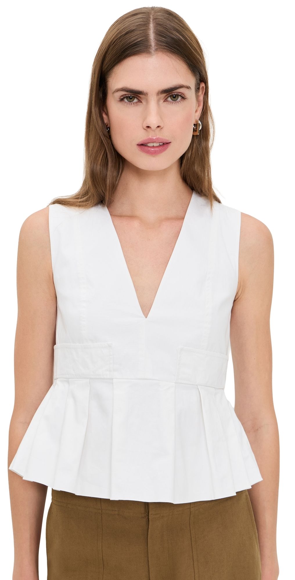 GANNI Stretch Cotton V Neck Pocket Blouse Bright White 40