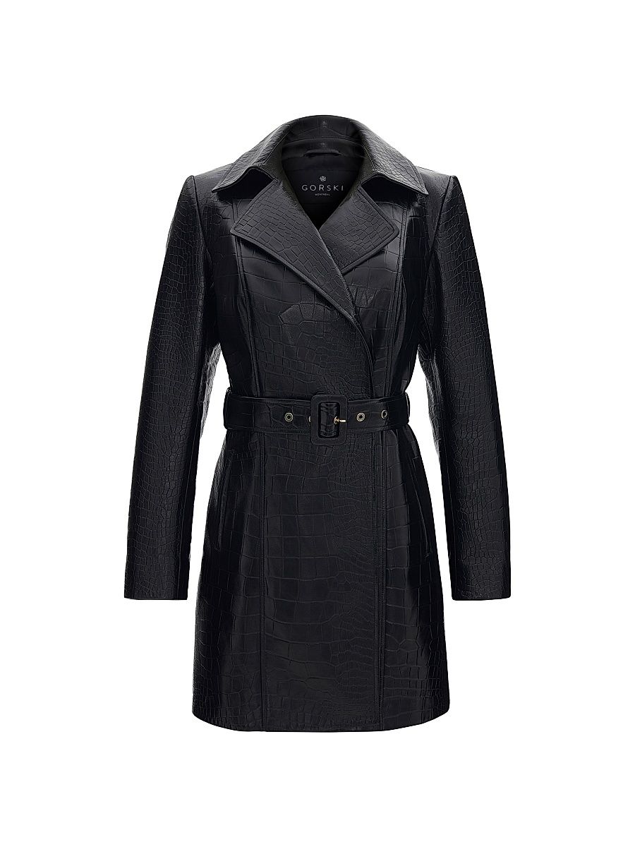 Women's Select Nappa Leather Croco Embossed Trench Coat, Belt - Black - Size XL