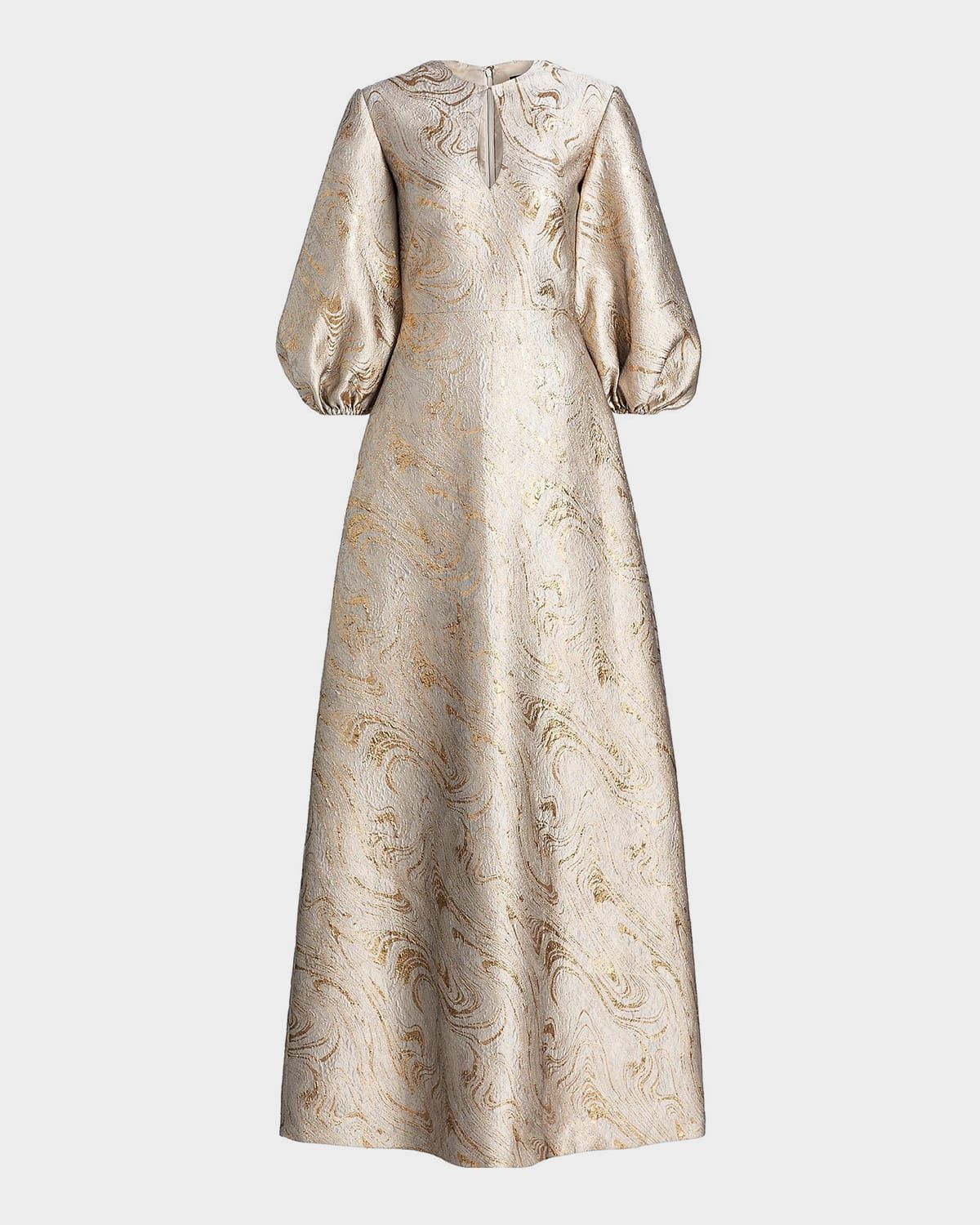 Balloon-Sleeve Metallic Brocade Kaftan Gown