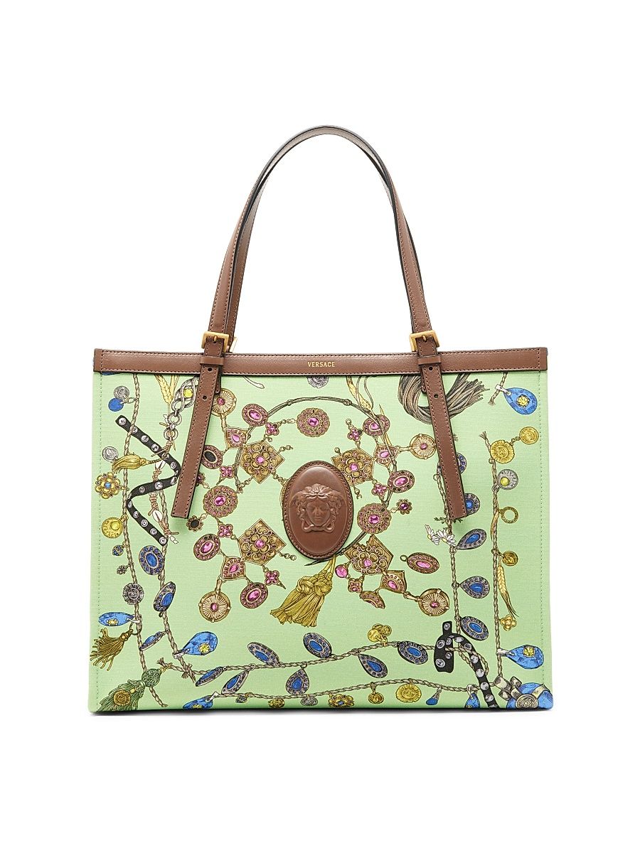 Women's Large Broken-Jewel Medusa Cotton Canvas Tote Bag - Pistachio Azur Taupe Gold