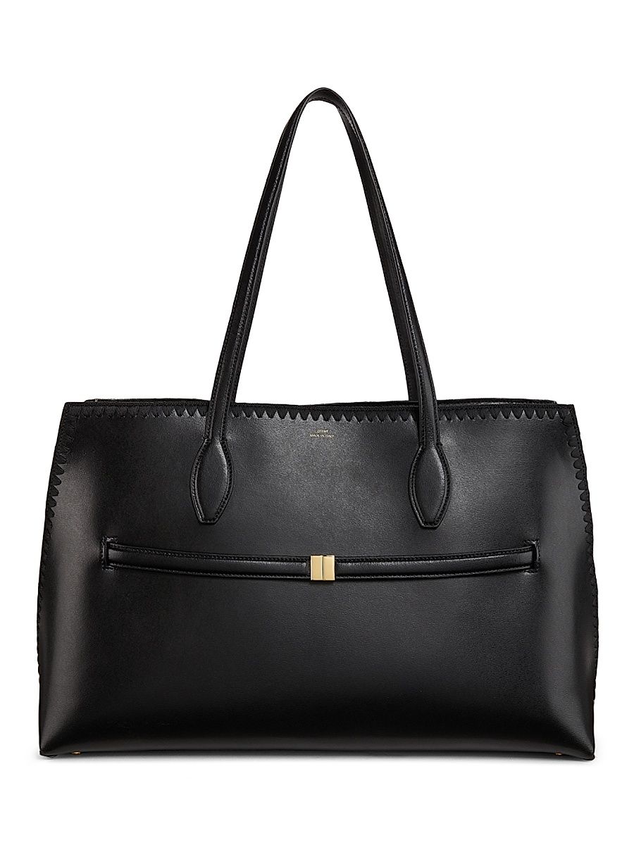 Women's Embroidered Lounge Belted Leather Tote Bag - Black