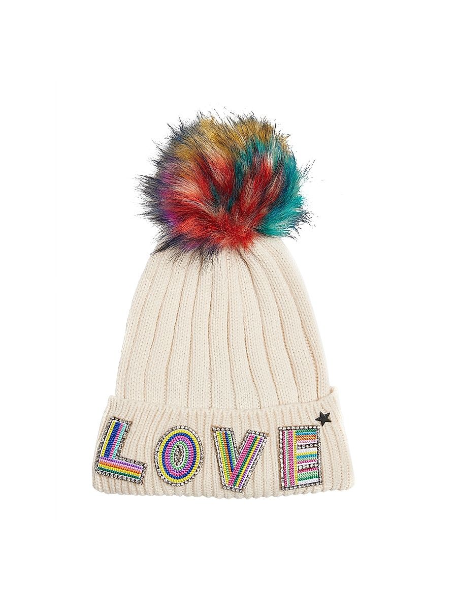 Women's Embellished Faux-Fur Pom-Pom Beanie - White