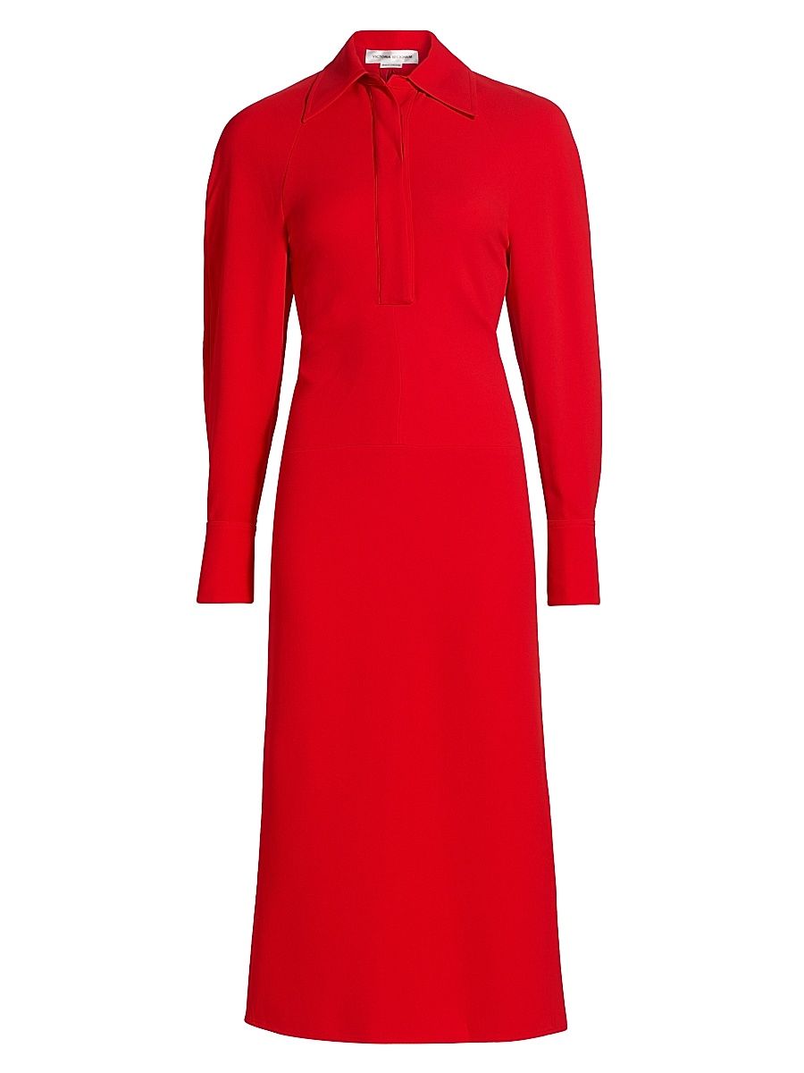 Women's Collared Long-Sleeve Midi-Dress - Tomato - Size 0