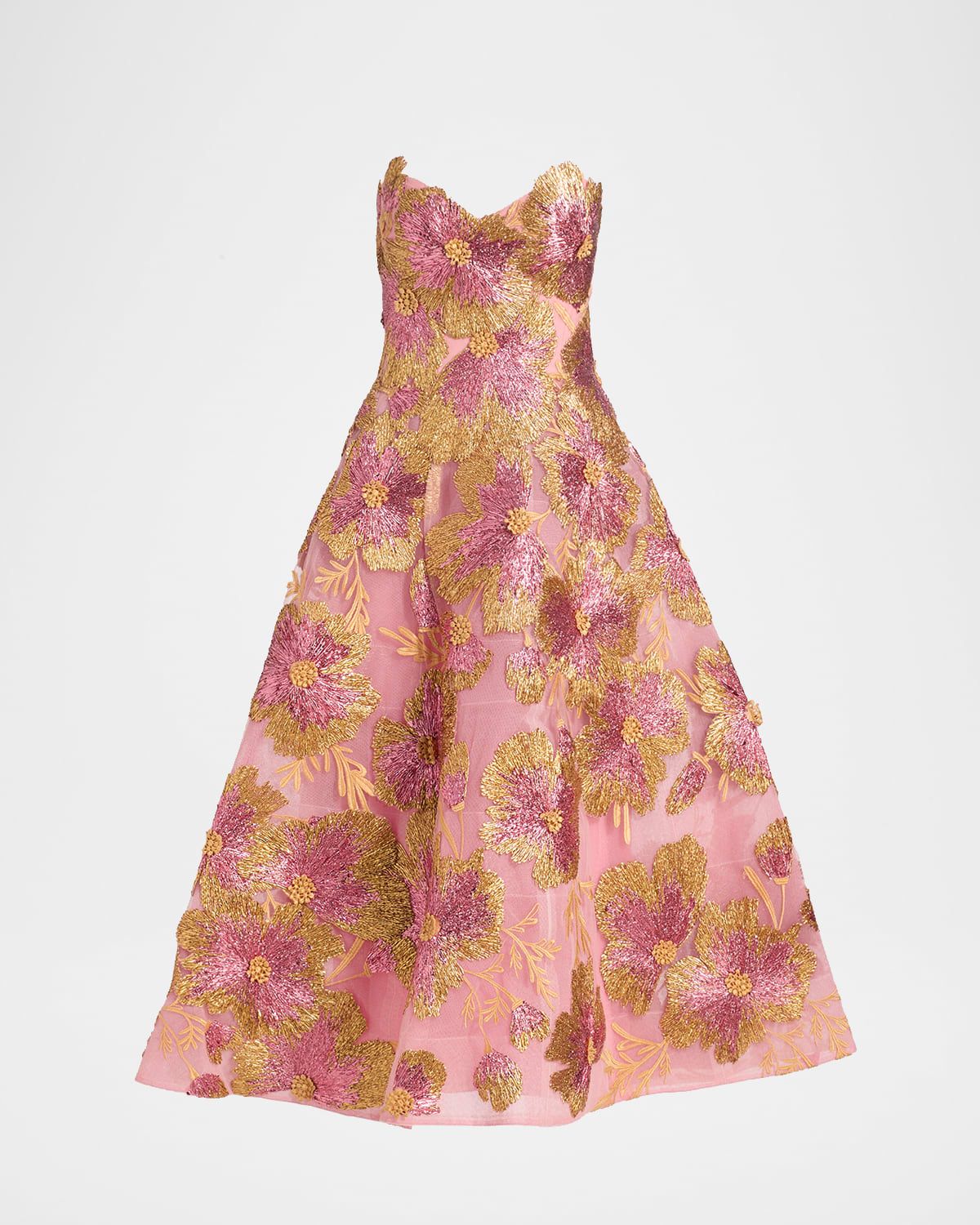 Strapless Metallic Floral Embroidered Tulle Tea-Length Dress