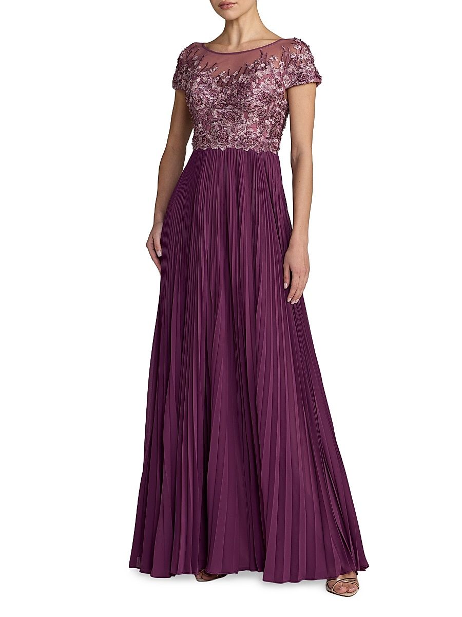 Women's Petite Floral-Embroidered Pleated Gown - Plum - Size 14
