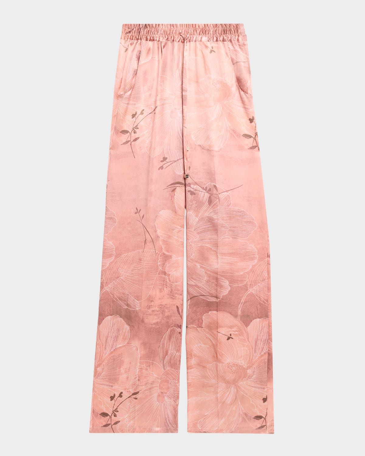 Floral Silk Straight-Leg Pull-On Pants