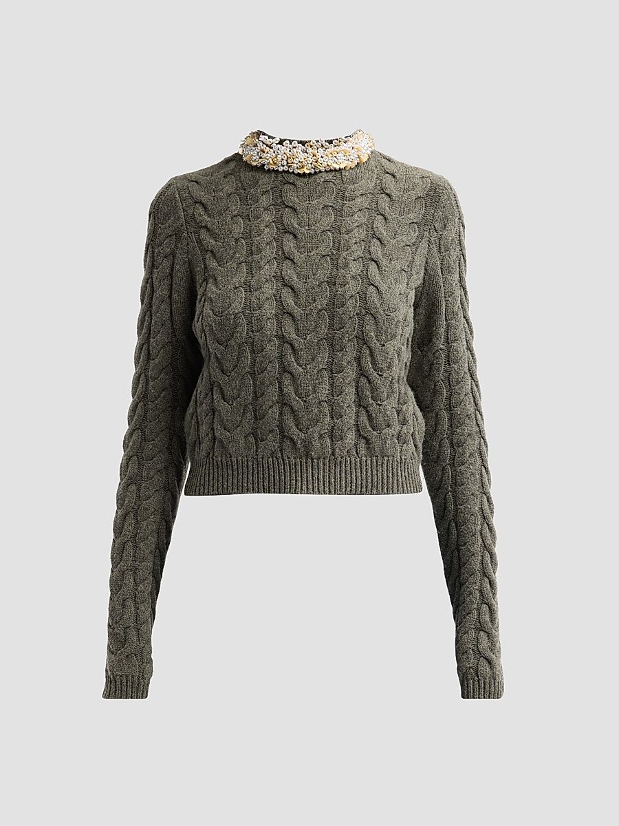 Ulla Johnson Women's Marlie Embellished Cable-Knit Merino Wool-Blend Sweater - Militaire - Size XL