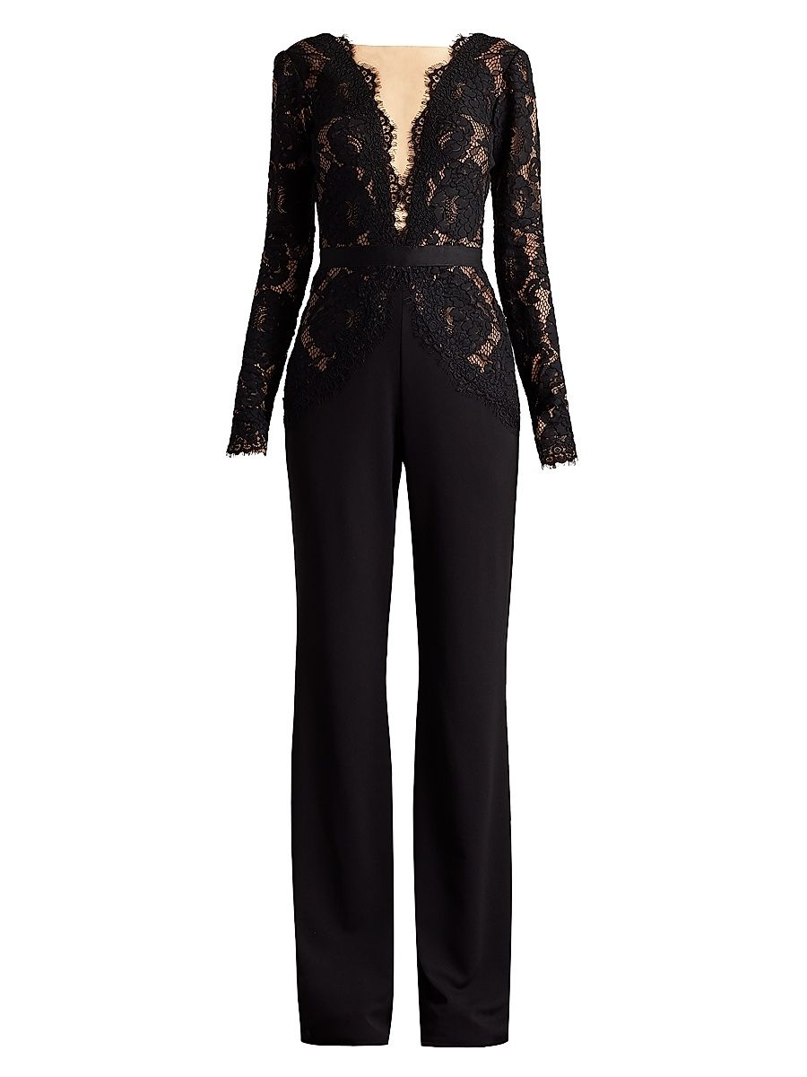 Women's Lace Bodice Crepe Jumpsuit - Black Beige - Size 10