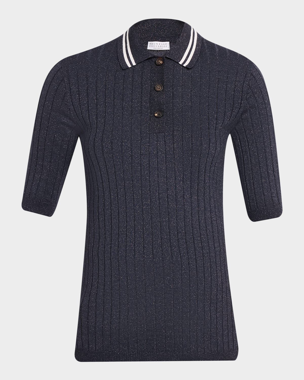 Shimmering Cashmere Rib Short-Sleeve Polo Sweater