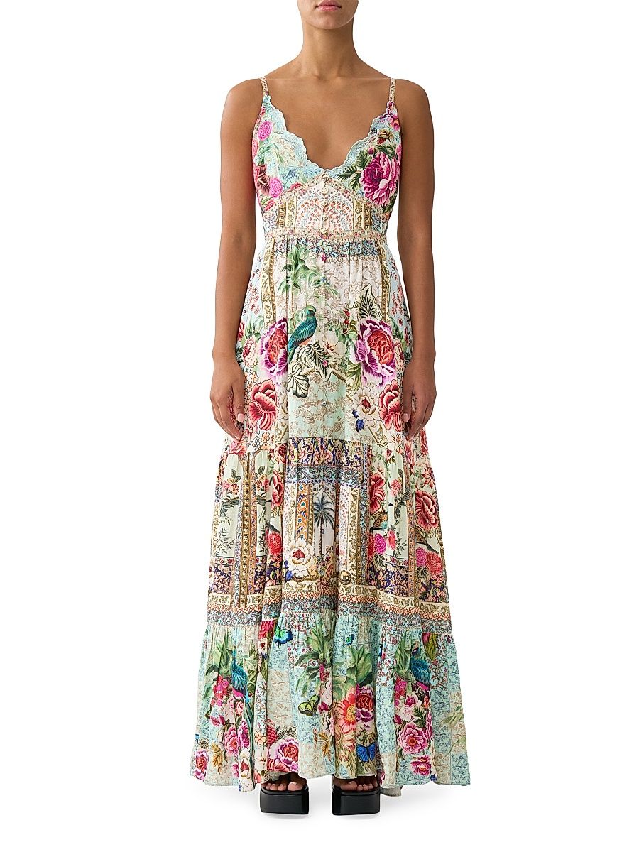 Women's Printed Tiered Linen A-Line Maxi Dress - Size XL
