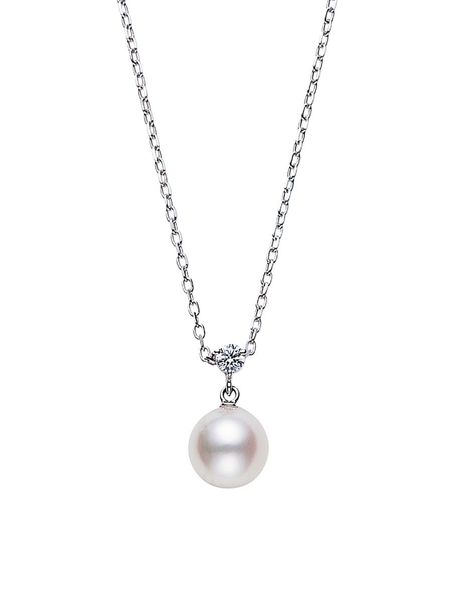 Women's Classic 18K White Gold, 8.25MM Cultured Akoya Pearl & Diamond Pendant Necklace - White Gold