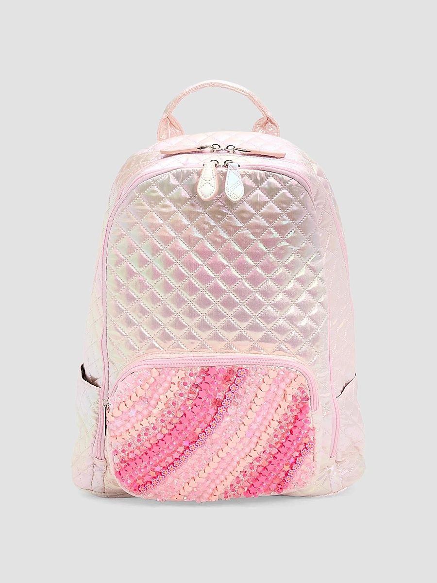 Bari Lynn Unisex Kid's Iridescent Quilted Beaded Backpack - Pink