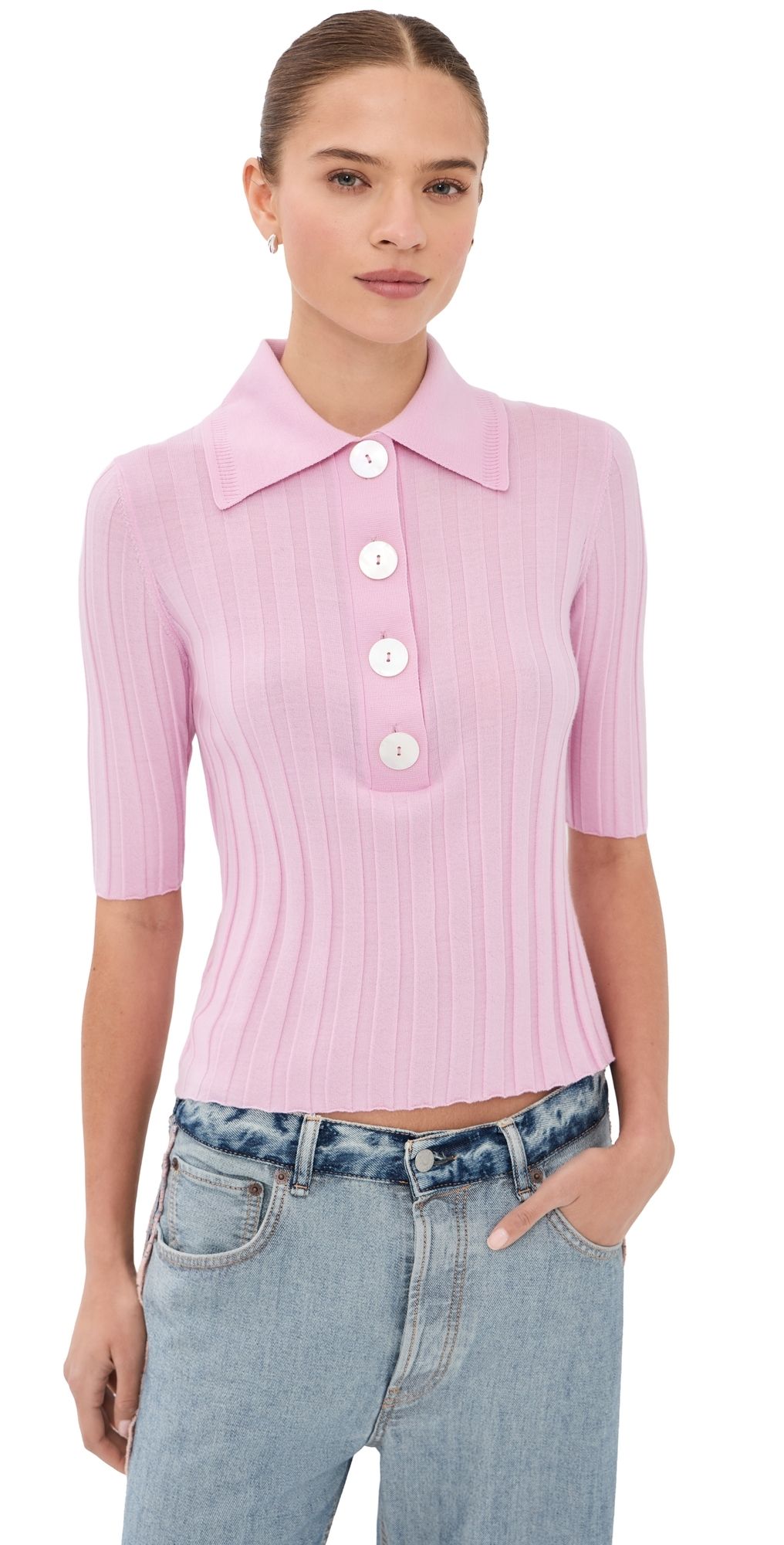 Nackiye Sugarman Short Sleeve Polo Knit Top Rose S