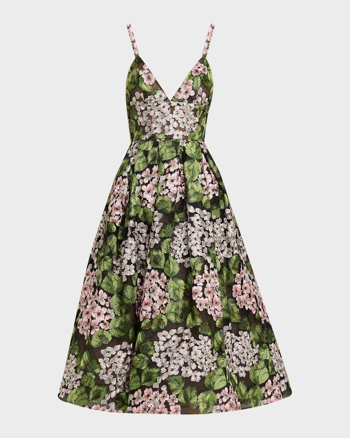 Eden Pleated Floral-Embroidered Midi Dress