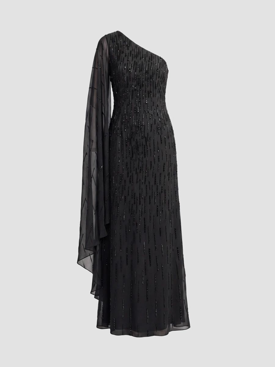Mac Duggal Women's Beaded Mesh One-Sleeve Column Gown - Black - Size 12