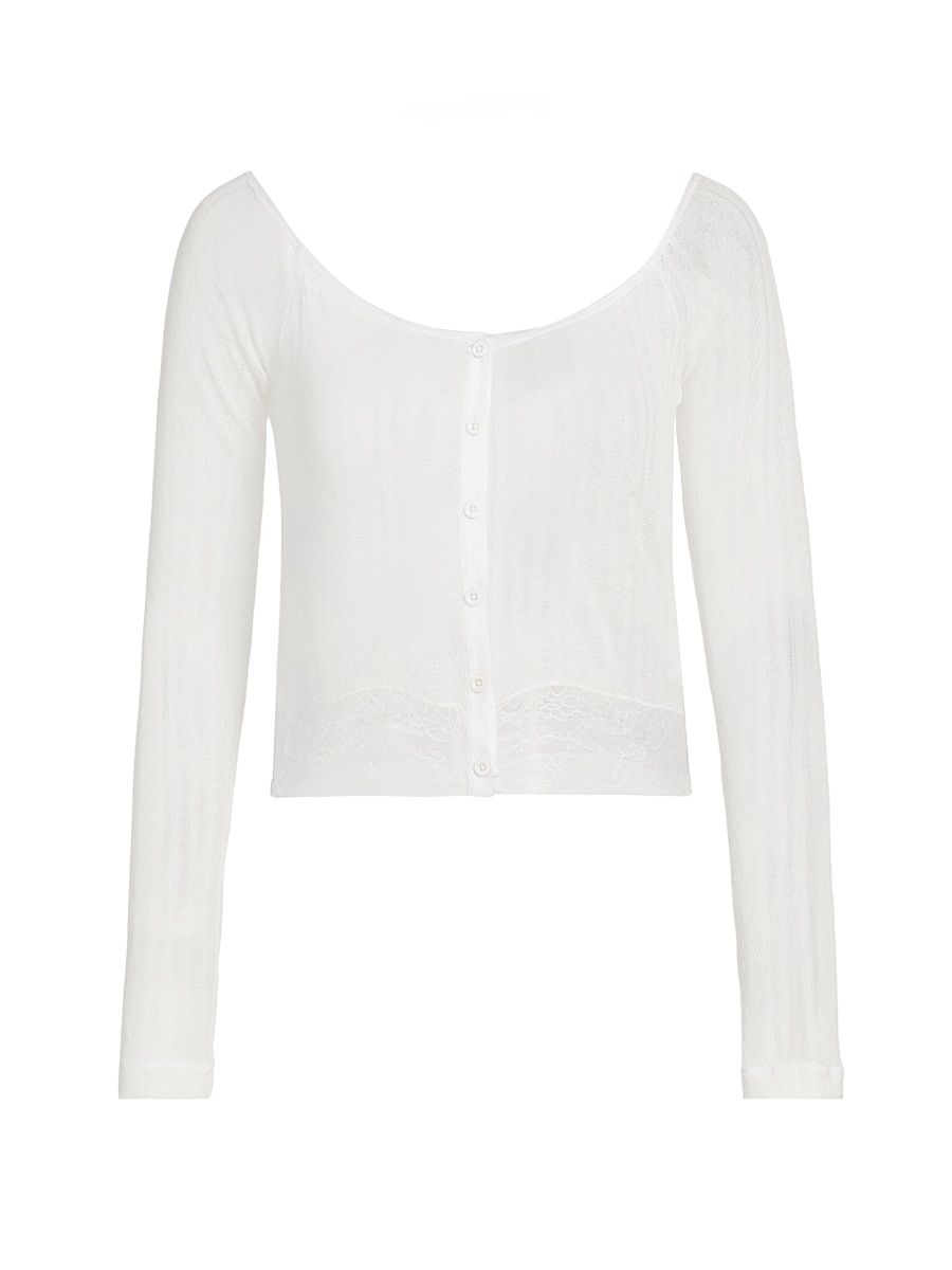 Women's Pointelle-Knit Lace Crop Cardigan - Ivory - Size XL