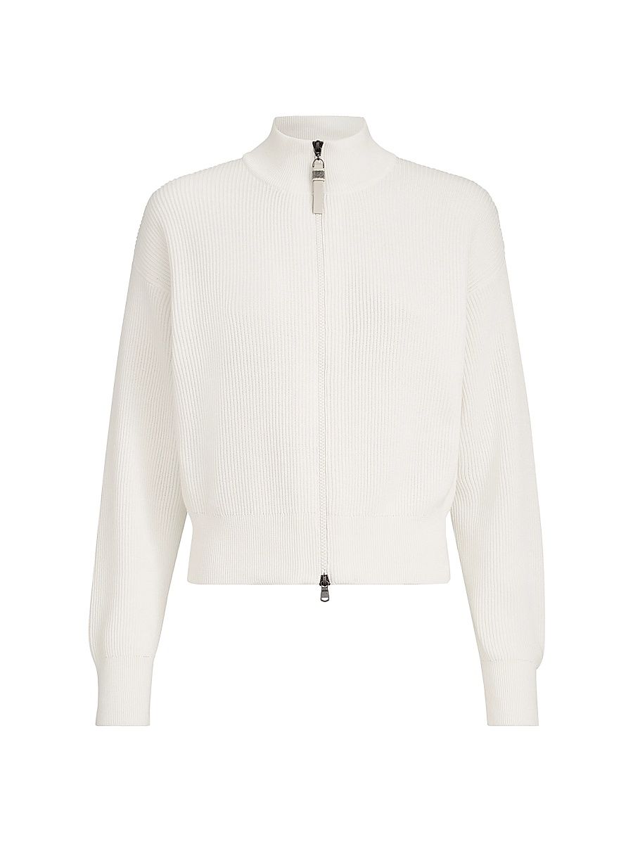 Women's Cotton English Rib Cardigan with Shiny Zipper Pull - Panama - Size XXS